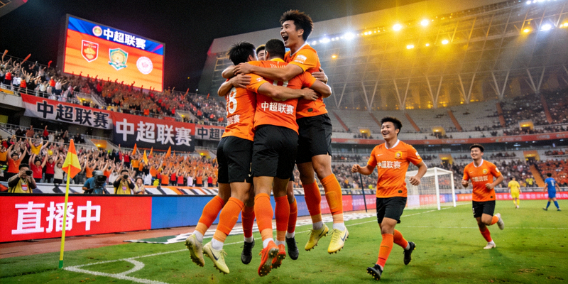 中超足球比赛现场直播，球员庆祝进球